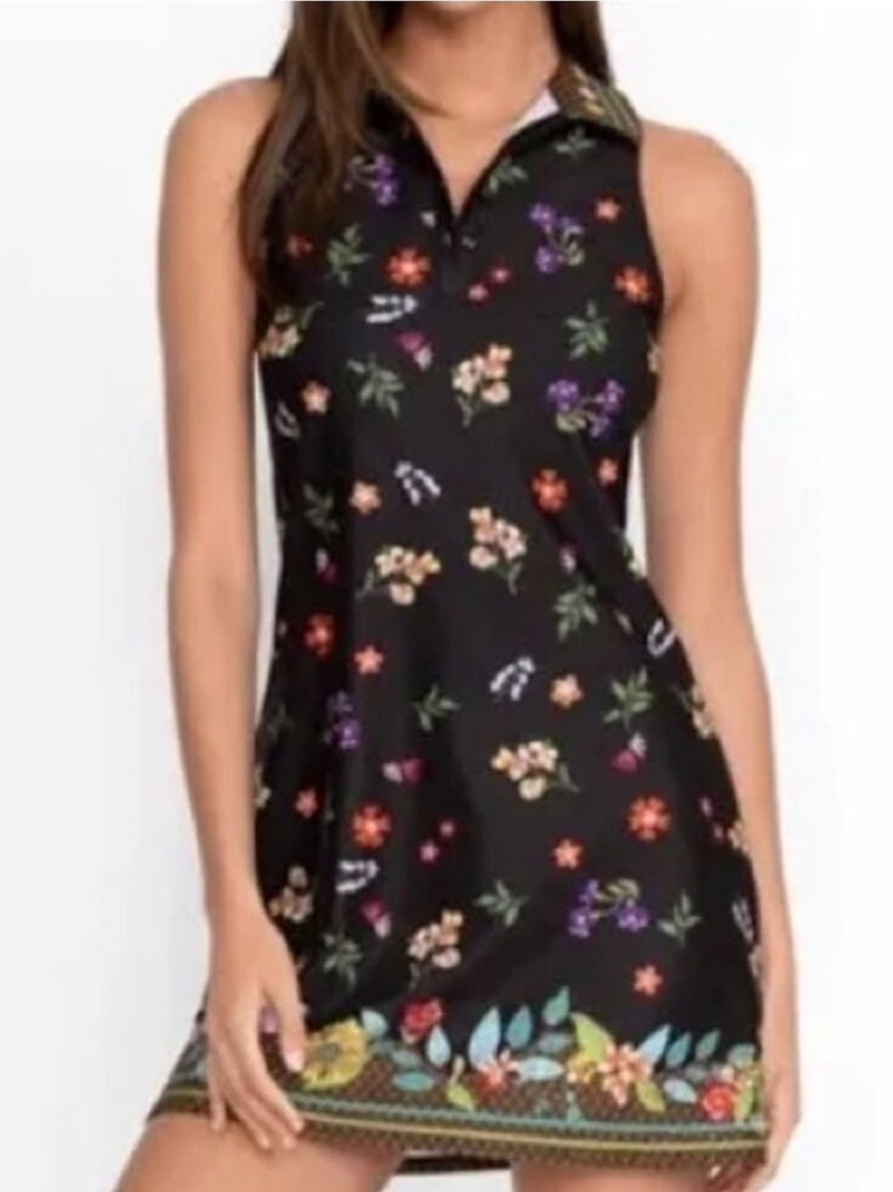 Johnny Was Nani Polo Tank Dress Black Floral Racerback Tennis Dress‎ Size XL EUC